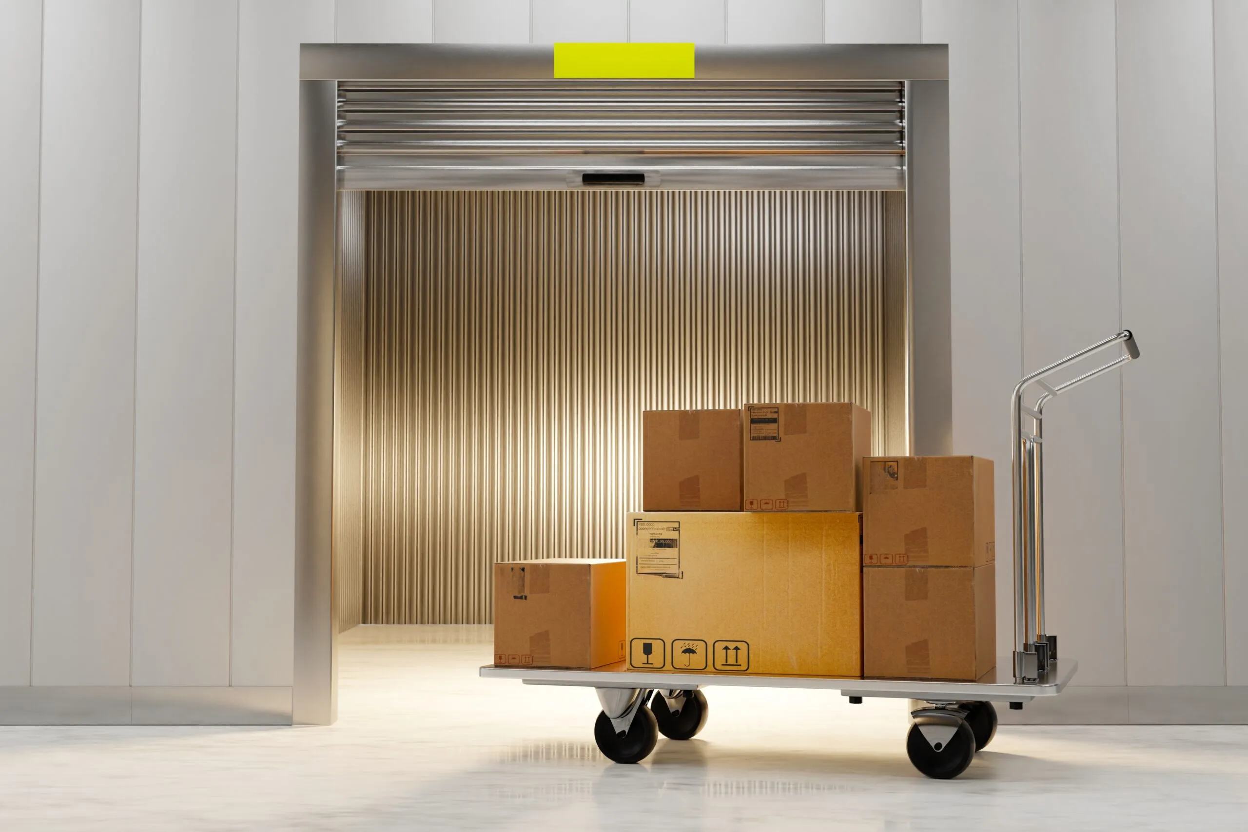 Neatly packed boxes on a cart inside a clean climate-controlled storage unit
