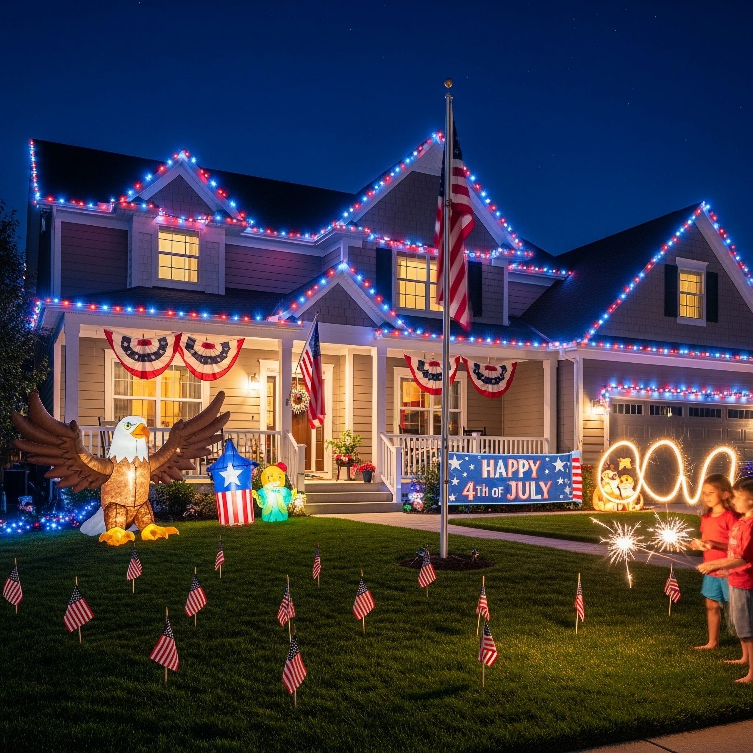 Professional 4th of July light installation in Ohio by Buckeye Holiday Lighting with roofline and yard displays.